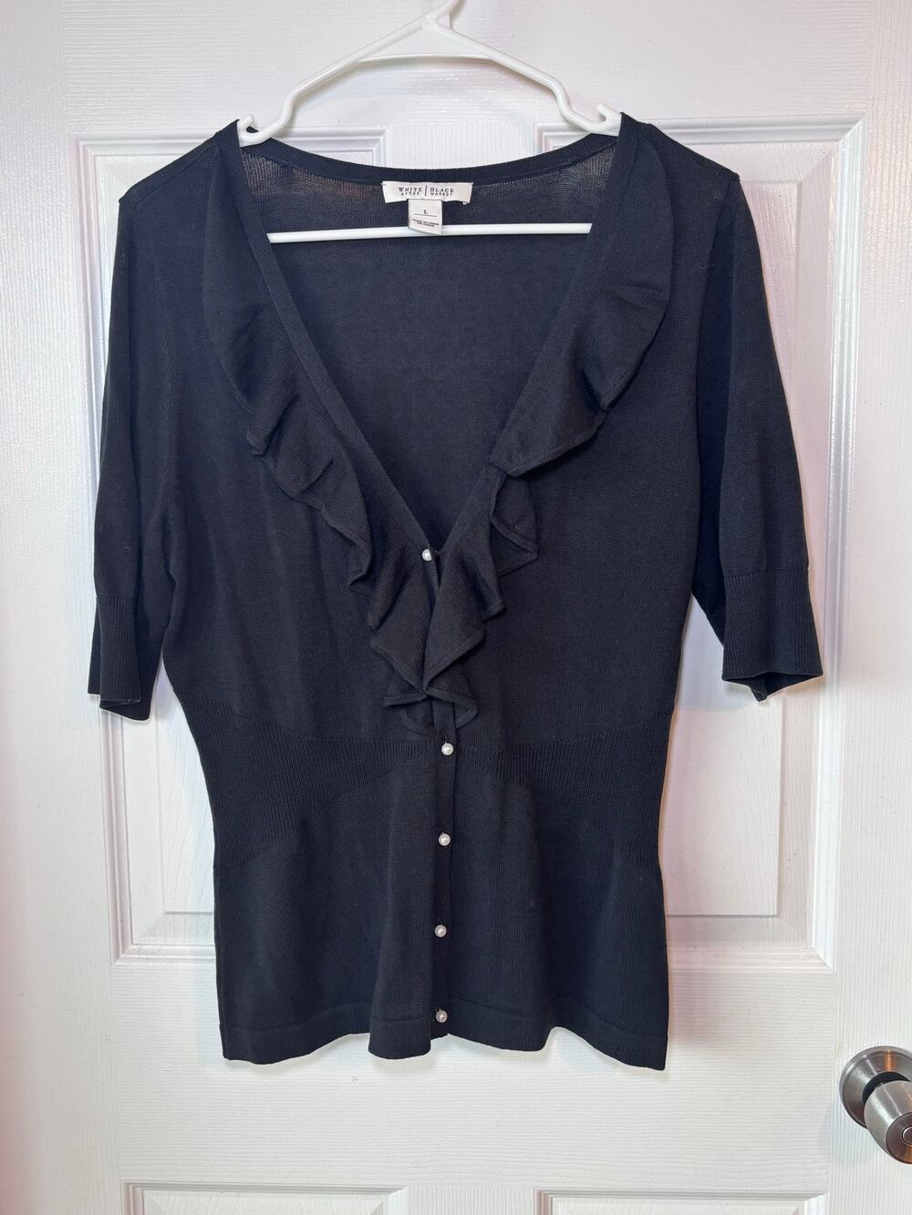 White House Black Market Black Ruffle Cardigan Pearl Buttons Size L